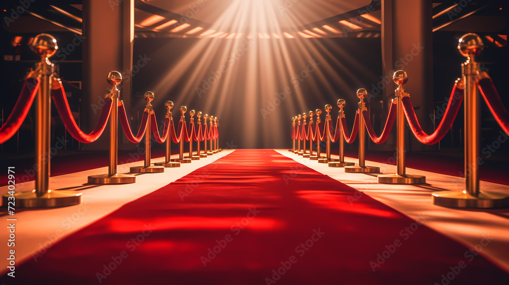 Red carpet staircase with smoke and spotlights, holiday awards ceremony event Red carpet staircase with smoke and spotlights, holiday awards ceremony event