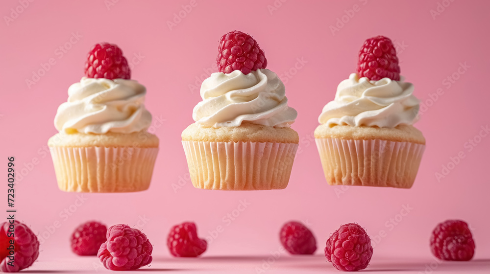 Three cupcakes with whipped cream and raspberry levitation in air on pink pastel studio gradient background