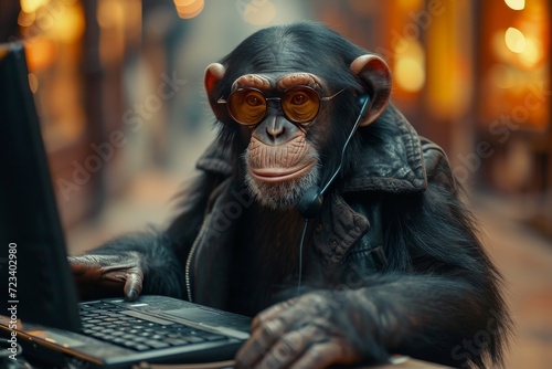 A tech-savvy primate takes center stage, equipped with a laptop and mic, showcasing their multifaceted skills in both the wild and the digital world