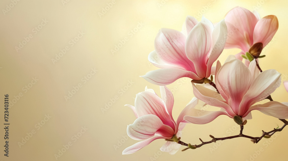 Obraz premium Magnolia branch with blooming pink flowers on soft pastel yellow background with copy space