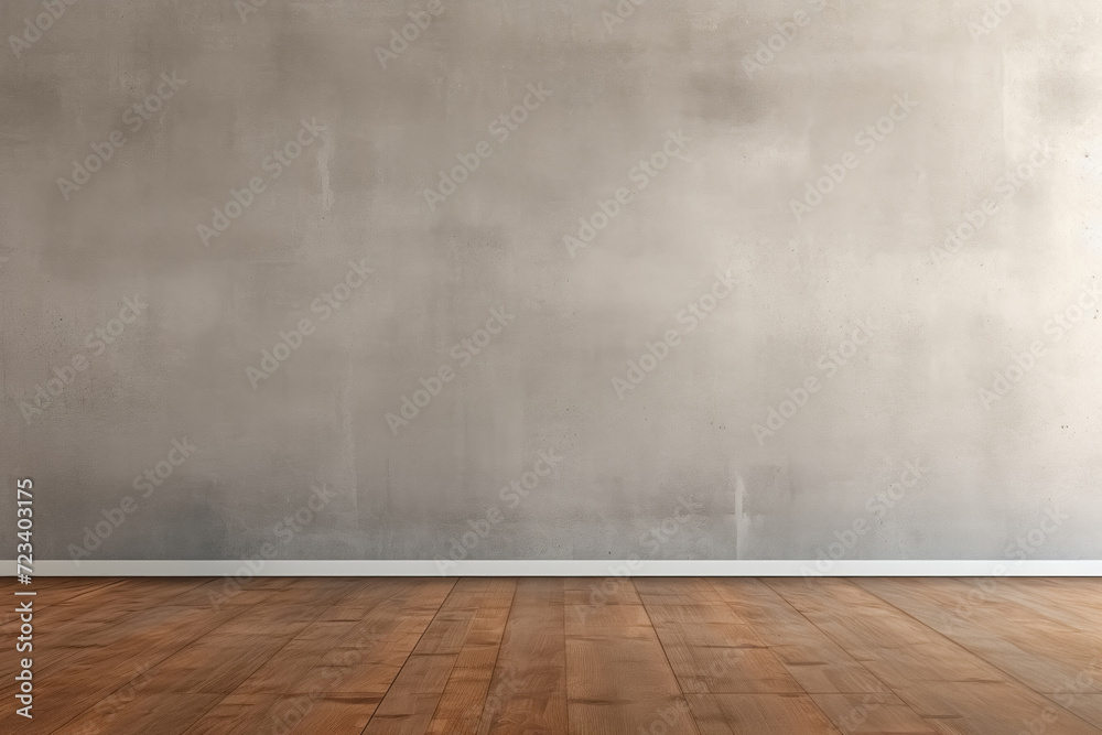 Empty concrete wall with brown laminate floor, interior bright empty room, blank background for montage Empty concrete wall with brown laminate floor, interior bright empty room, blank background for montage