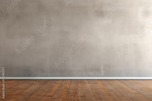 Empty concrete wall with brown laminate floor, interior bright empty room, blank background for montage