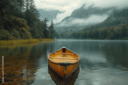 A lone canoe glides through the tranquil mist, its reflection mirroring the serene landscape of towering trees and mist-covered mountains, a perfect escape into the peaceful embrace of nature on the  © Larisa AI