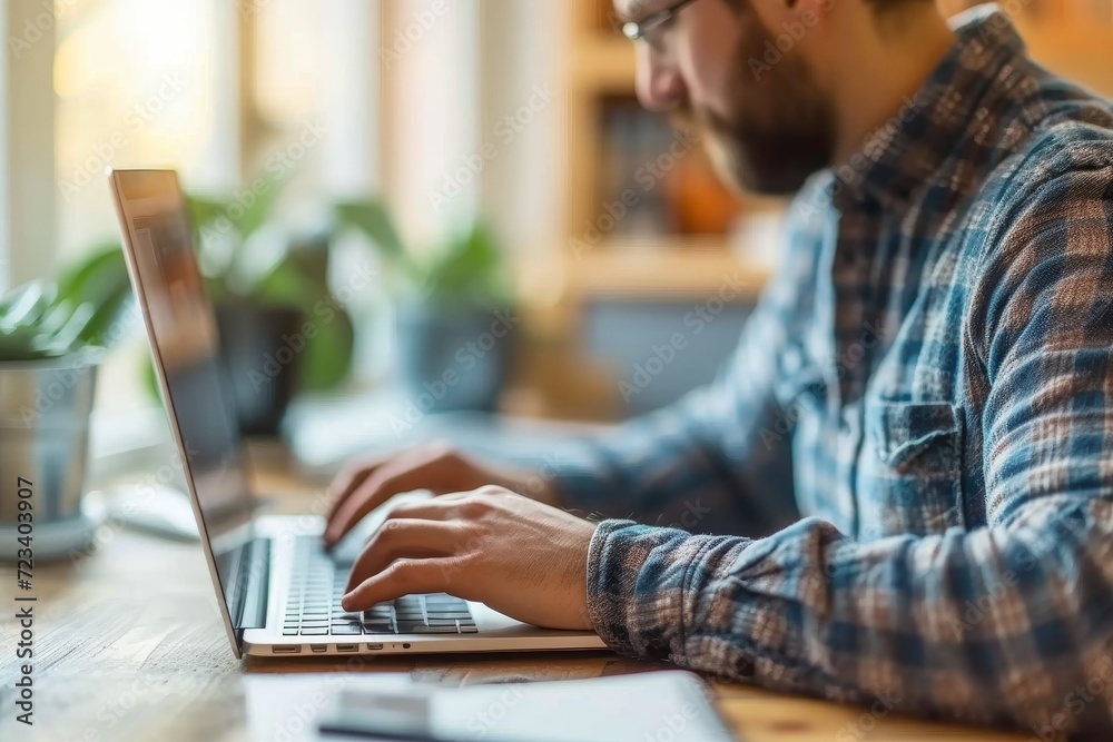 A focused man, dressed in casual clothing, sits at a table using a laptop indoors A focused man, dressed in casual clothing, sits at a table using a laptop indoors