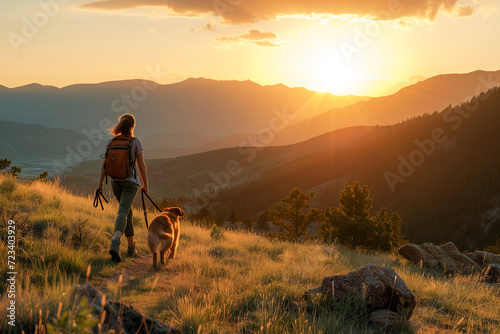 A hispanic woman is hiking with a dog, at sunset, in the Rocky Mountains near Denver, Colorado, USA © Enrique