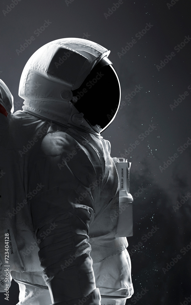 3D illustration of astronaut in space. High quality digital space art in 5K vertical/portrait format- realistic visualization