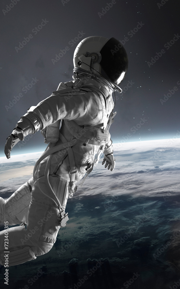 3D illustration of astronaut in space. High quality digital space art in 5K vertical/portrait format- realistic visualization