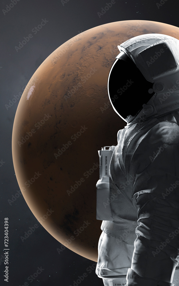 3D illustration of astronaut and Mars planet. High quality digital space art in 5K vertical/portrait format- realistic visualization