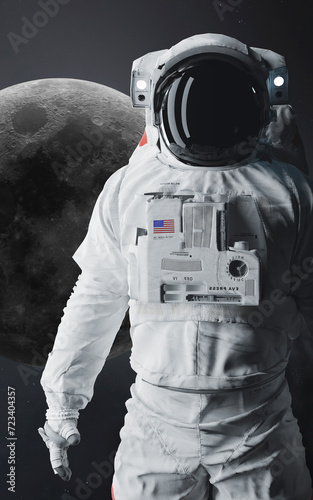 3D illustration of astronaut and Moon. High quality digital space art in 5K vertical portrait format- realistic visualization