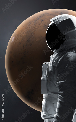 3D illustration of astronaut and Mars planet. High quality digital space art in 5K vertical/portrait format- realistic visualization