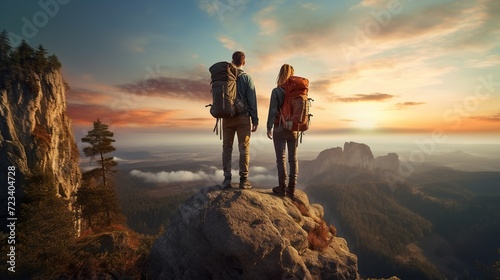 man and woman tourist hiking at mountain peak at sunset  romantic hikers couple standing at cliff at sunrise