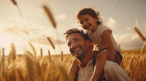 happy cheerful father with child walking by cereal field at sunset, man with daughter or son playing at summer, kid sitting on father shoulder photo