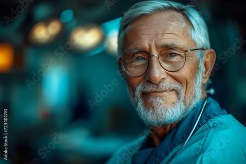 A wise senior citizen, with a kind face and a neatly trimmed beard, gazes thoughtfully through his glasses, showcasing a lifetime of wisdom and experience etched upon his wrinkled forehead