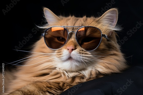 a cat with sunglasses in a relaxed state on a beach chair; dark thunderclouds approaching in the background; strikes lightning