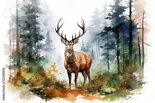 watercolor card of a majestic antlered deer in the spring forest