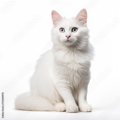 beautiful white cat sitting, isolated on white background