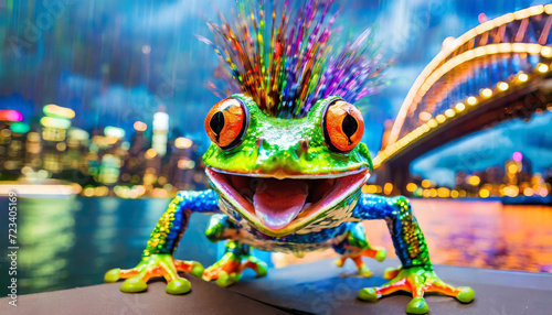 colourful big eye frog with punk hair and cool sun glasses cartoon looking jumping on footpath