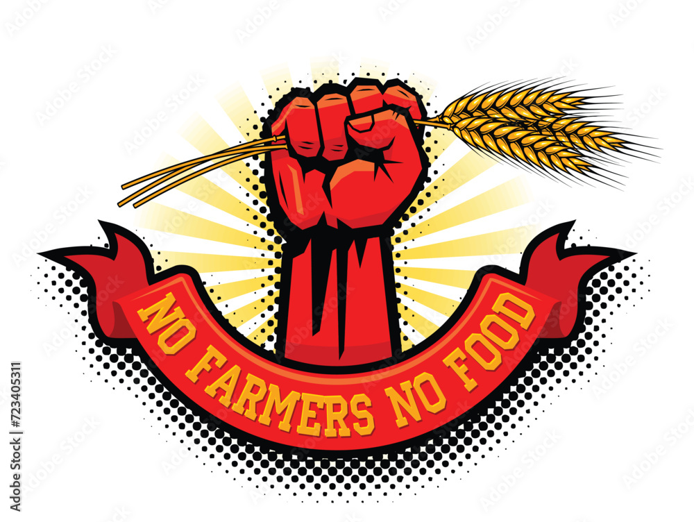 Farmers protest hand holding wheat. No farmers no food. Vector template on transparent background - obrazy, fototapety, plakaty 