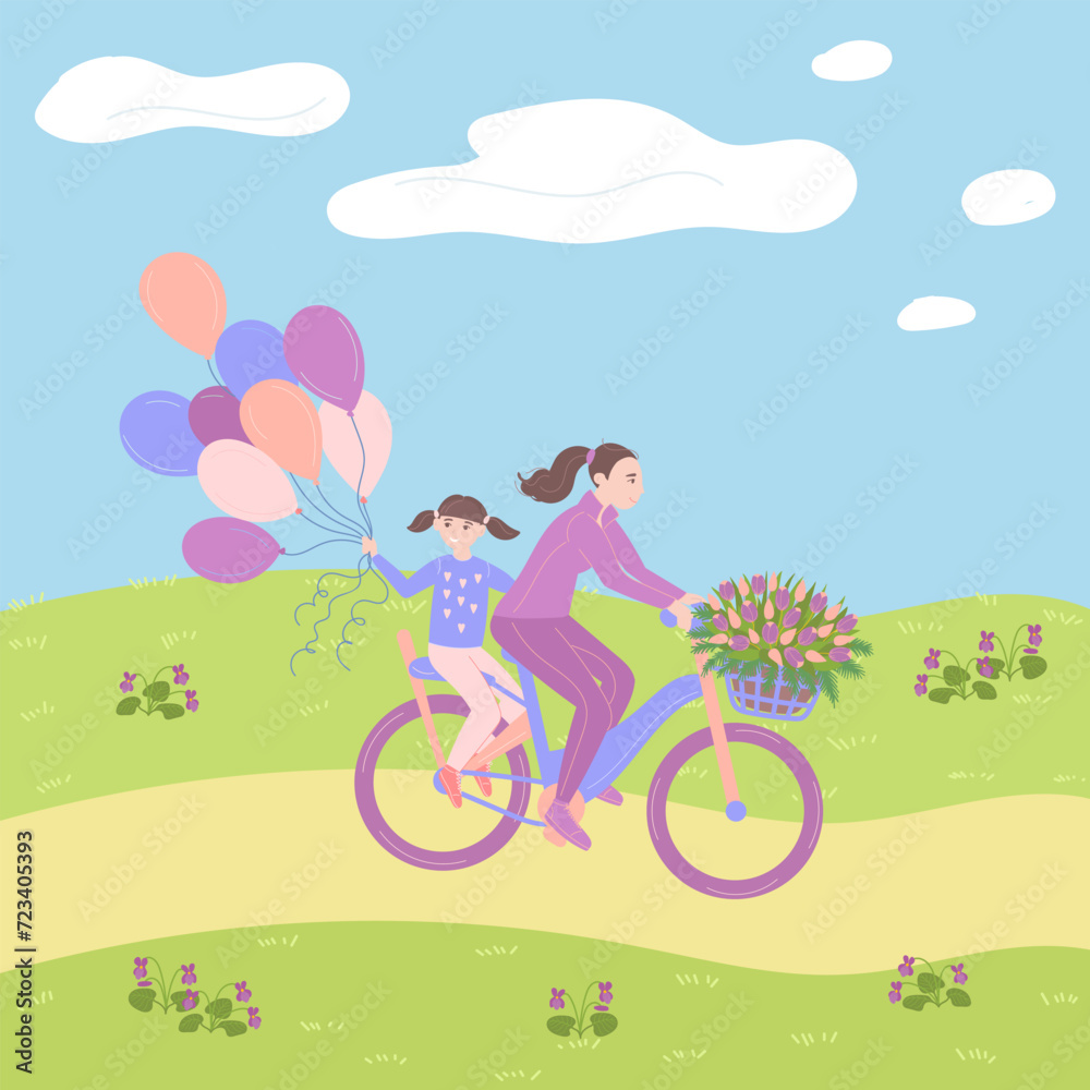 Happy woman and girl cycling at springtime in flat cartoon design. Mother and daughter ride bikes with spring tulips bouquet basket and bright balloons in park with first violets. Vector illustration Happy woman and girl cycling at springtime in flat cartoon design. Mother and daughter ride bikes with spring tulips bouquet basket and bright balloons in park with first violets. Vector illustration