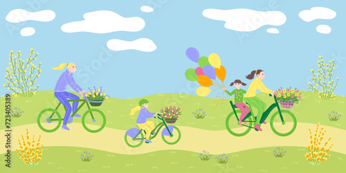 Happy women and girls cycling at springtime in flat cartoon design. Vector illustration