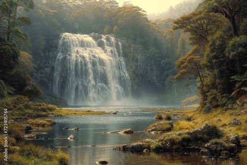 A majestic waterfall cascades down the lush green forest, surrounded by towering trees and the soothing sound of rushing water in this serene state park setting