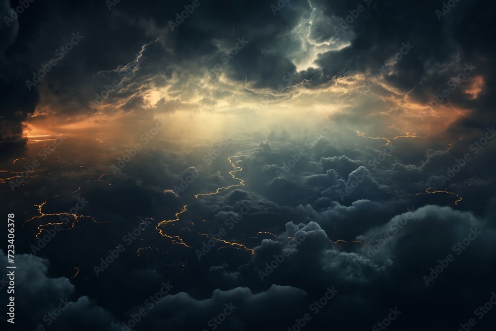 Naklejka premium beautiful dark dramatic sunset sky with cumulus clouds aerial view for abstract background