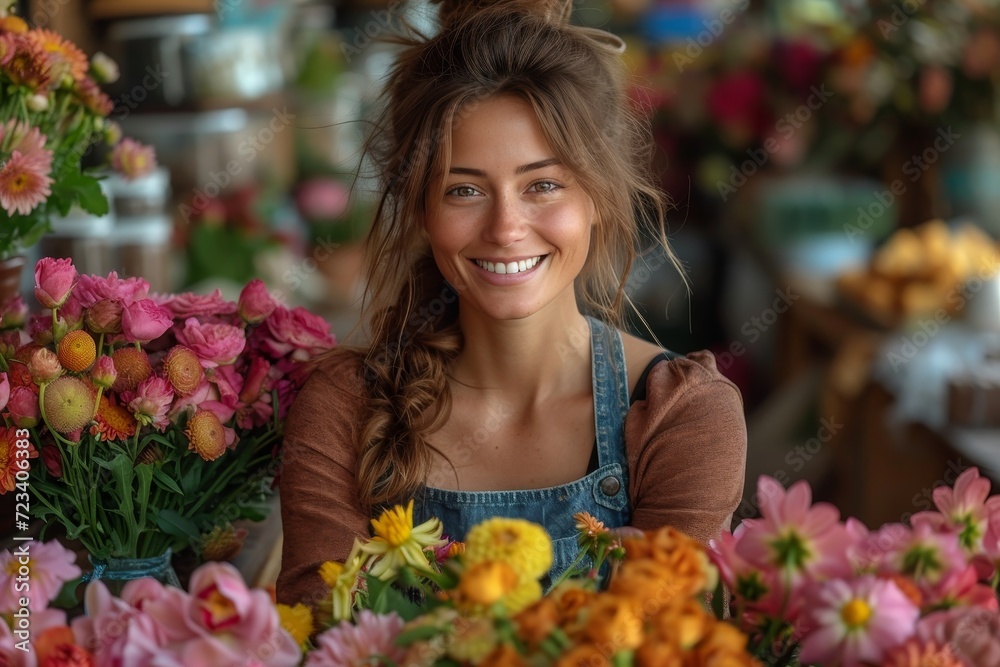 A vibrant woman exudes joy and warmth as she stands in a floral shop surrounded by beautiful arrangements, wearing a colorful outfit and holding a bouquet of fresh cut flowers and artificial blooms