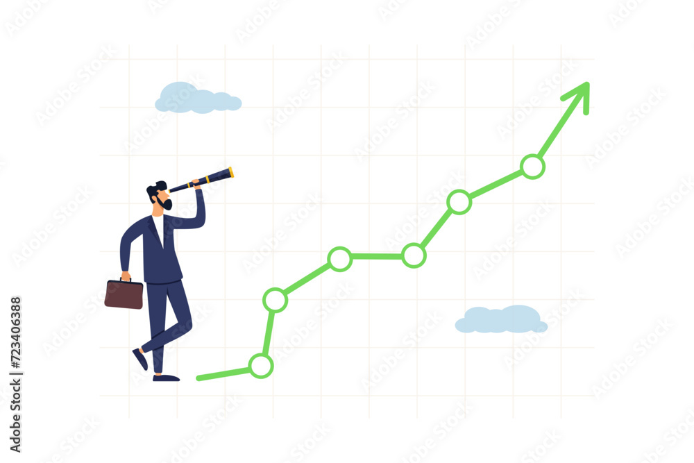 Businessman look through telescope to see investment growing graph. Investment upside potential, economy prediction or forecast, business growth or earning increase concept. Businessman look through telescope to see investment growing graph. Investment upside potential, economy prediction or forecast, business growth or earning increase concept.