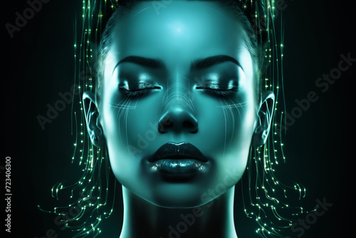 fashion portrait of a beautiful woman with an abstract hologram around her face  holographic pattern on a dark background  cyber art concept
