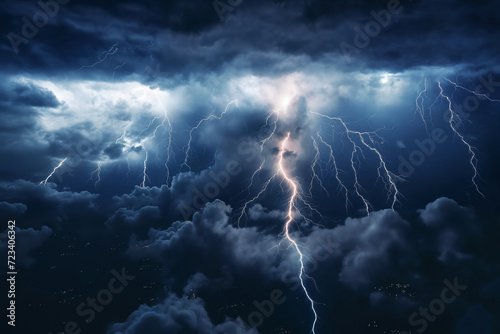 beautiful stormy sky with lightning and dark cumulus clouds aerial view for abstract background