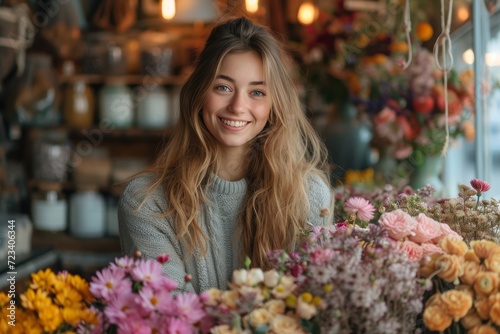 A joyous woman stands in an indoor flower shop, adorned with a floral design on her clothing, beaming with a smile as she expertly arranges a bouquet