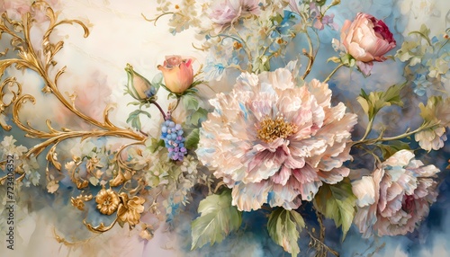 ornate floral arrangements with a baroque aesthetic, backgrounds suggest texture