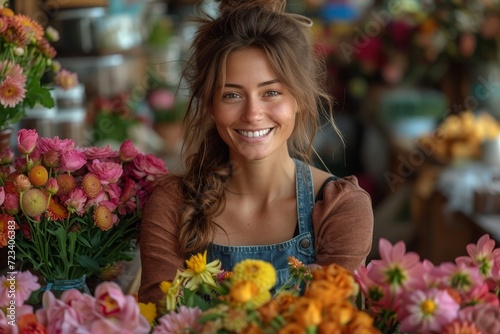 A vibrant woman exudes joy and warmth as she stands in a floral shop surrounded by beautiful arrangements, wearing a colorful outfit and holding a bouquet of fresh cut flowers and artificial blooms © Larisa AI