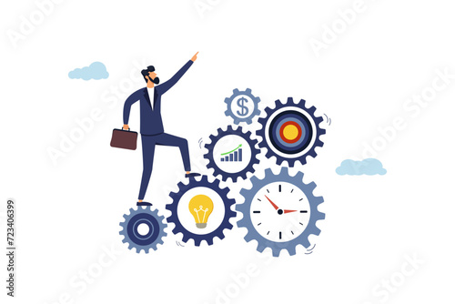 Business entrepreneur with cog wheels with effective elements. Effectiveness, efficiency or productivity for better result, development or business management concept.