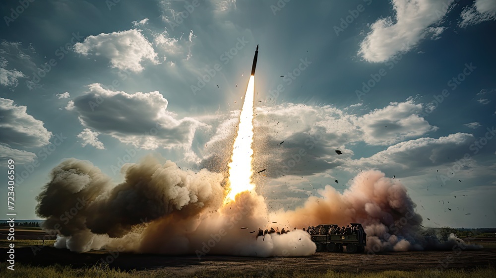 missiles aimed at the sky, showcasing the readiness and capability to defend against nuclear bombs and chemical weapons, highlighting the importance of missile defense systems. - obrazy, fototapety, plakaty 