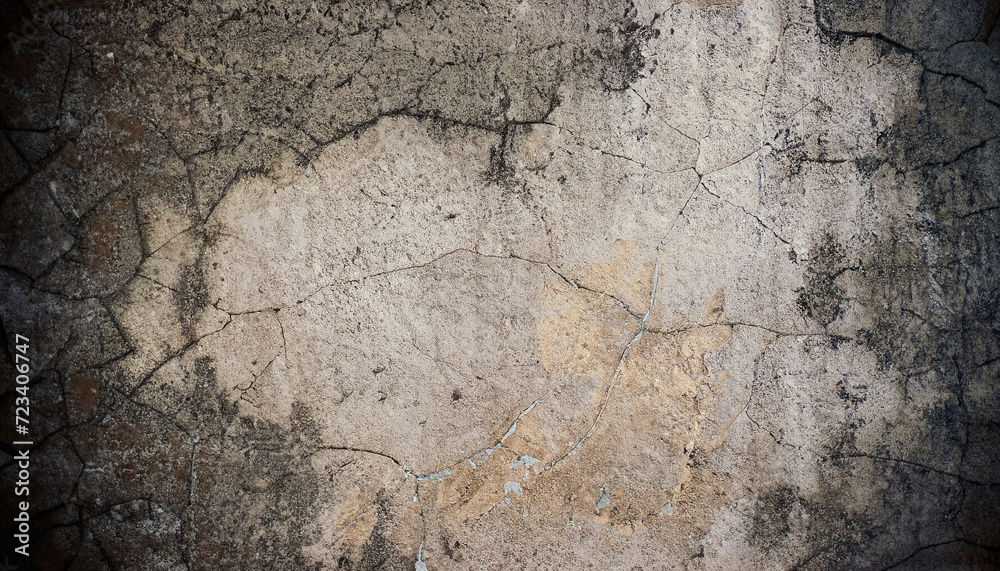 Aged cracked concrete stone plaster wall background and texture style; old rough dirty dark grunge