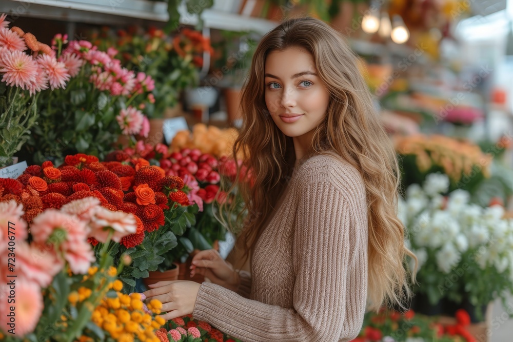 A stylish woman stands proudly amidst a colorful array of flowers at an outdoor florist shop, exuding a sense of elegance and appreciation for the intricate floral designs before her A stylish woman stands proudly amidst a colorful array of flowers at an outdoor florist shop, exuding a sense of elegance and appreciation for the intricate floral designs before her