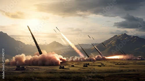 missiles aimed at the sky, showcasing the readiness and capability to defend against nuclear bombs and chemical weapons, highlighting the importance of missile defense systems. photo