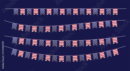 USA flags bunting, garland, streamer vector set. Flat decorative party banners in style of United States of America flags. Design element for Presidents Day, Independence Day July 4, Elections posters