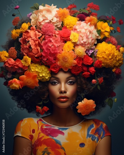 A close-up portrait of a beautiful young woman with flowers in her hair