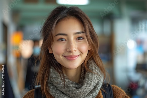 A stylish woman confidently smiles for the camera, her brown hair flowing in the wind as she stands against a building, wearing a fashionable scarf and stole as accessories to her street fashion look