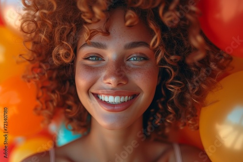 A radiant woman embraces her natural beauty with a joyful smile, framed by delicate freckles and luscious ringlets, exuding confidence and individuality