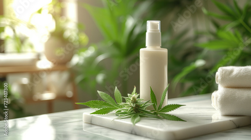 Organic beauty in focus: body lotion displayed elegantly accentuated by cannabis leaves