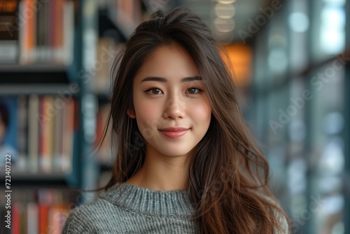 A charming woman with long brown hair and a bright smile gazes confidently at the camera in front of a bookcase, exuding a sense of intelligence and elegance through her portrait photography