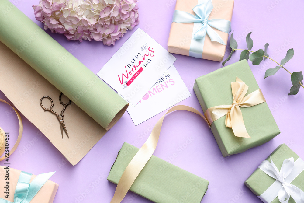 Wrapping paper with gift cards and boxes on purple background. International Women's Day Wrapping paper with gift cards and boxes on purple background. International Women's Day