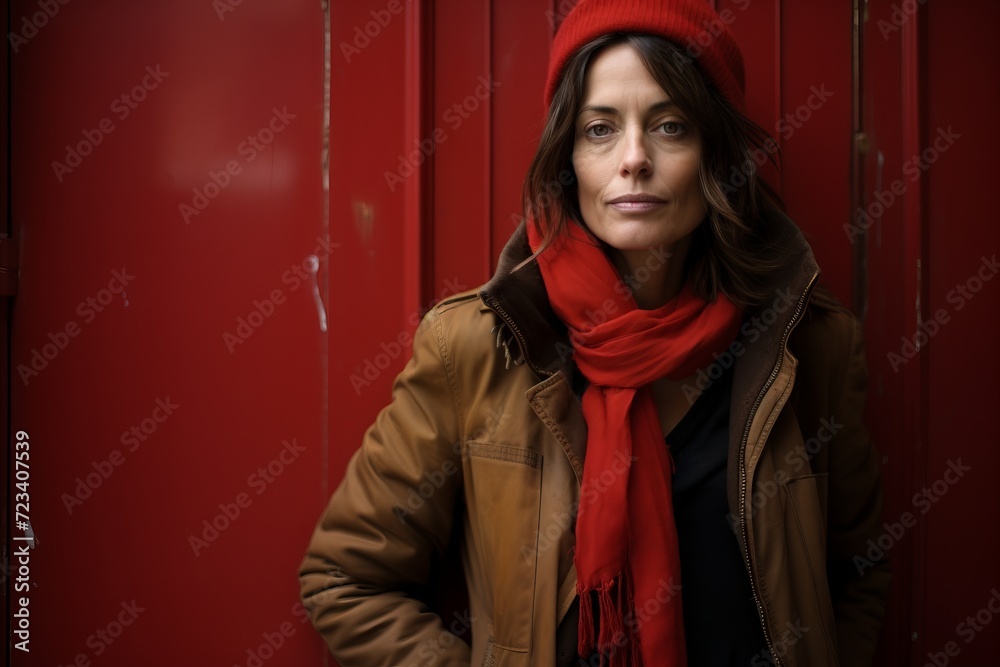 Portrait of a beautiful woman in a winter coat and red scarf. Portrait of a beautiful woman in a winter coat and red scarf.