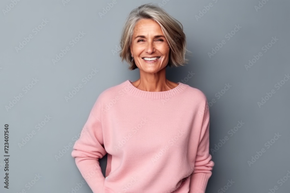 Portrait of a smiling senior woman standing with hands on hip against grey background. Portrait of a smiling senior woman standing with hands on hip against grey background.