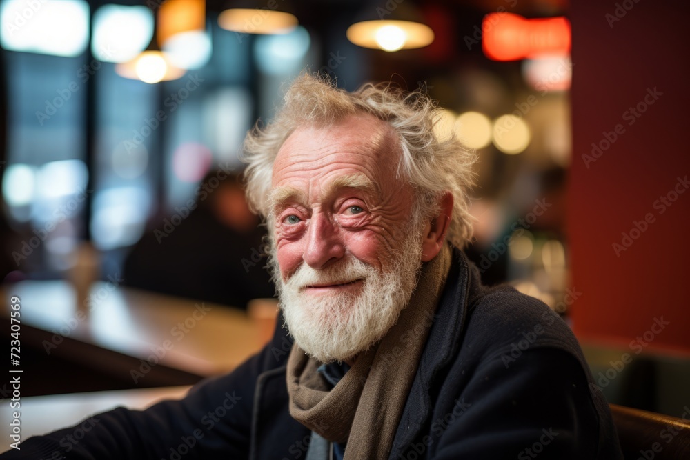 Portrait of a senior man with grey hair and beard in a cafe Portrait of a senior man with grey hair and beard in a cafe