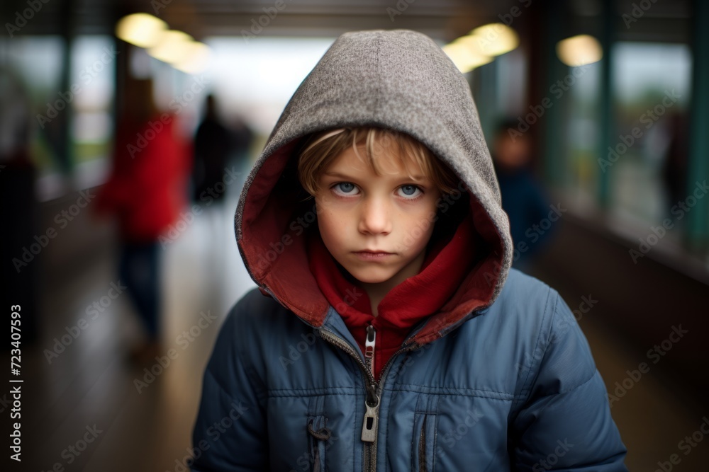 Portrait of a little boy in a blue jacket on the platform of a train station. Portrait of a little boy in a blue jacket on the platform of a train station.