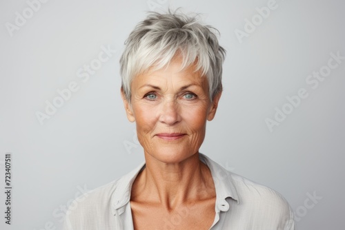 Portrait of a senior woman with grey hair against a grey background.